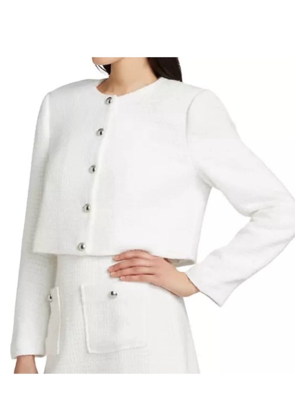 Reformation Cropped White Bouclé Button Jacket